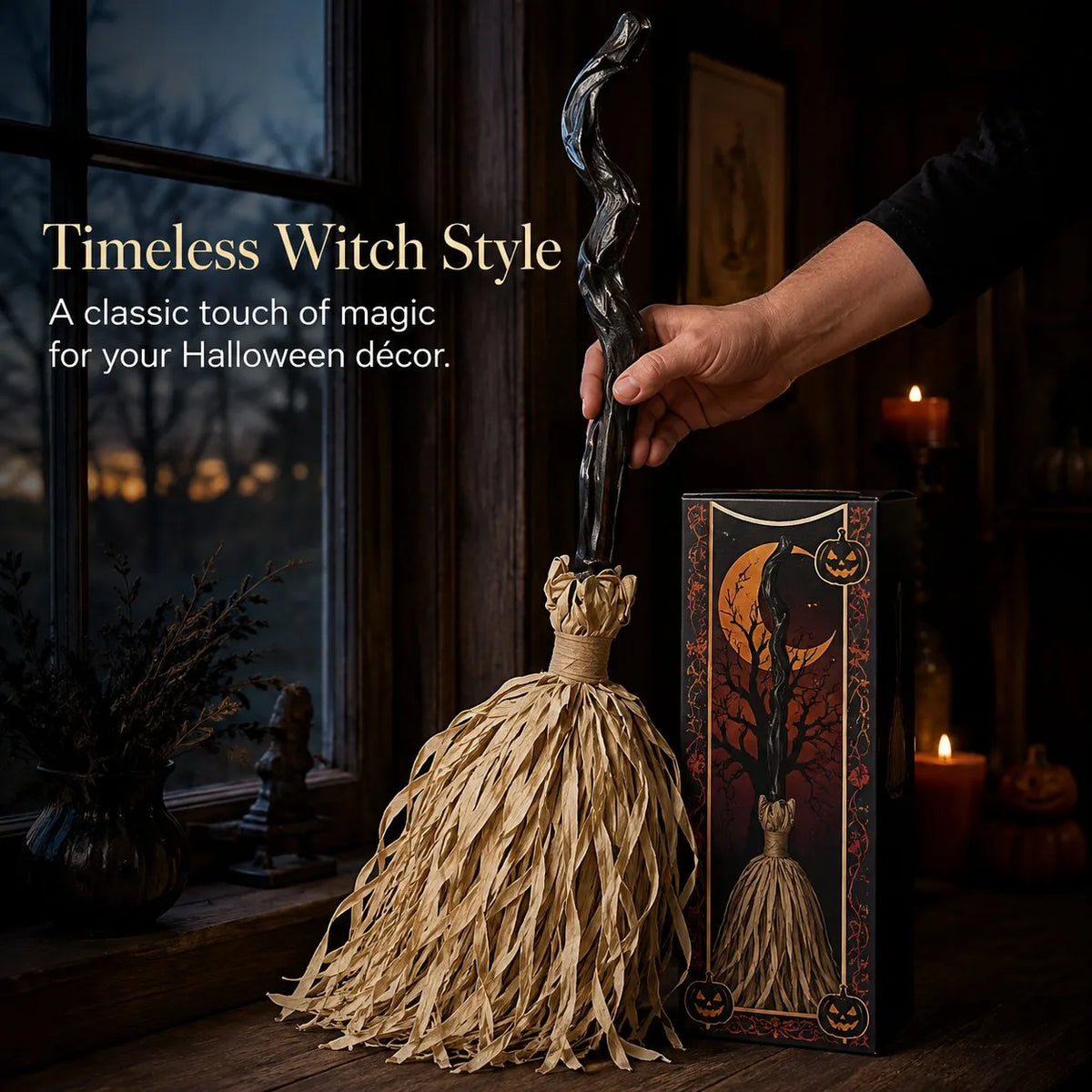 Animated Moving Witch Broom, Light‐Sound‐Motion Halloween Prop to Boost Thrill for Your Indoor & Outdoor Party Decor 