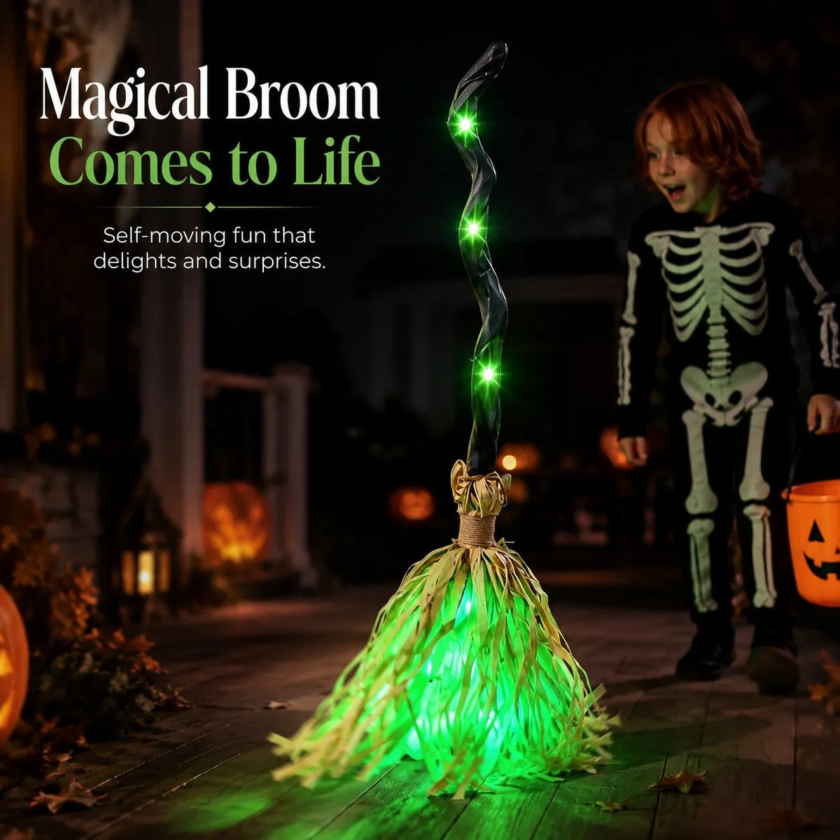 Animated Moving Witch Broom, Light‐Sound‐Motion Halloween Prop to Boost Thrill for Your Indoor & Outdoor Party Decor 
