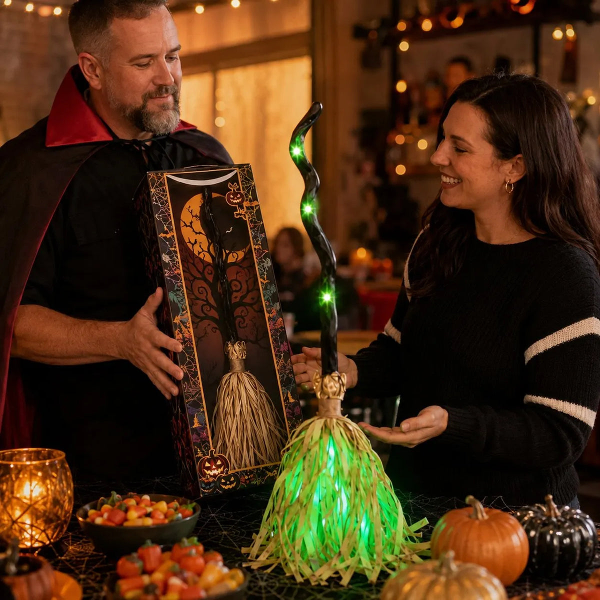 Animated Moving Witch Broom, Light‐Sound‐Motion Halloween Prop to Boost Thrill for Your Indoor & Outdoor Party Decor 