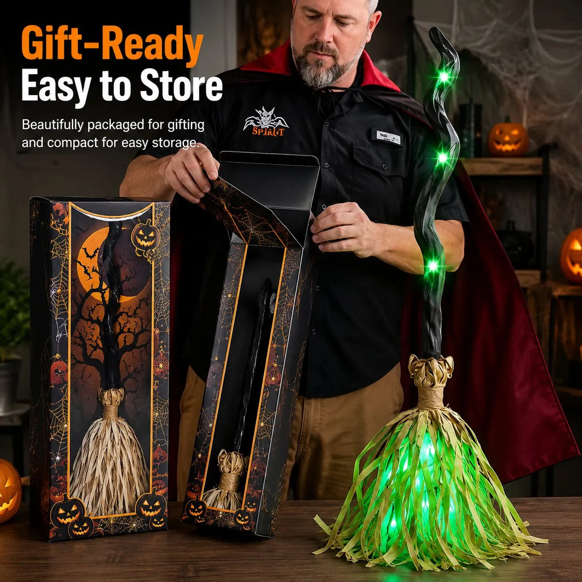 Animated Moving Witch Broom, Light‐Sound‐Motion Halloween Prop to Boost Thrill for Your Indoor & Outdoor Party Decor 