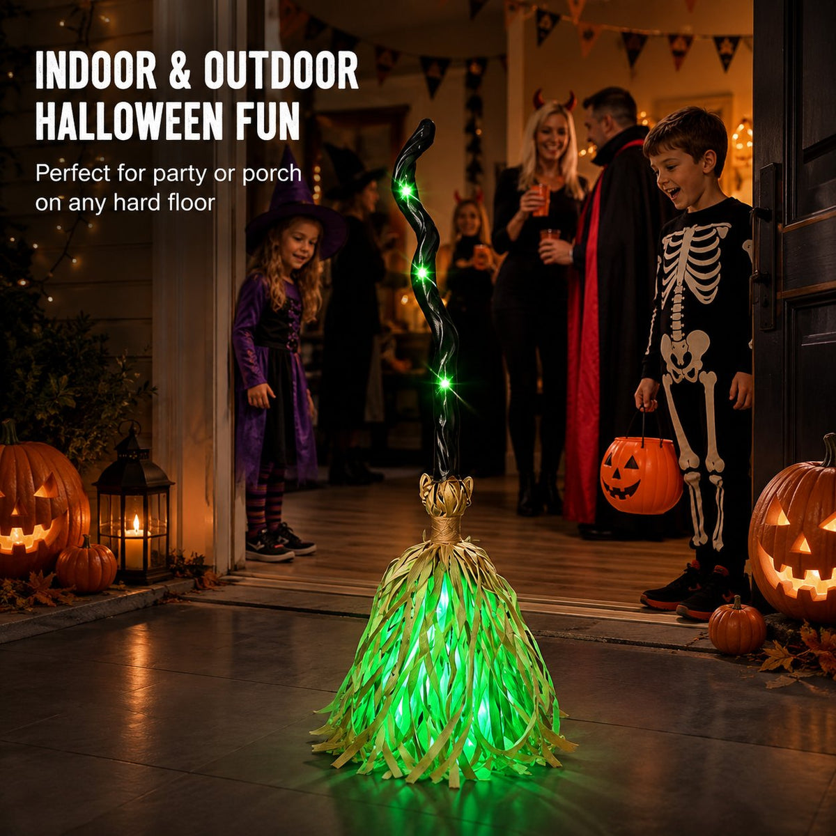 Animated Moving Witch Broom, Light‐Sound‐Motion Halloween Prop to Boost Thrill for Your Indoor & Outdoor Party Decor 