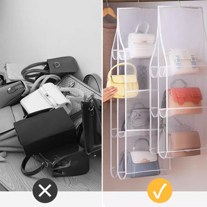 👜 50% DI SCONTO! ✨ ORGANIZER BORSE SOSPESO - 6/8 Tasche Ampie e Trasparenti, Design Antipolvere e Salvaspazio, Leggero e Portatile 🏠👛